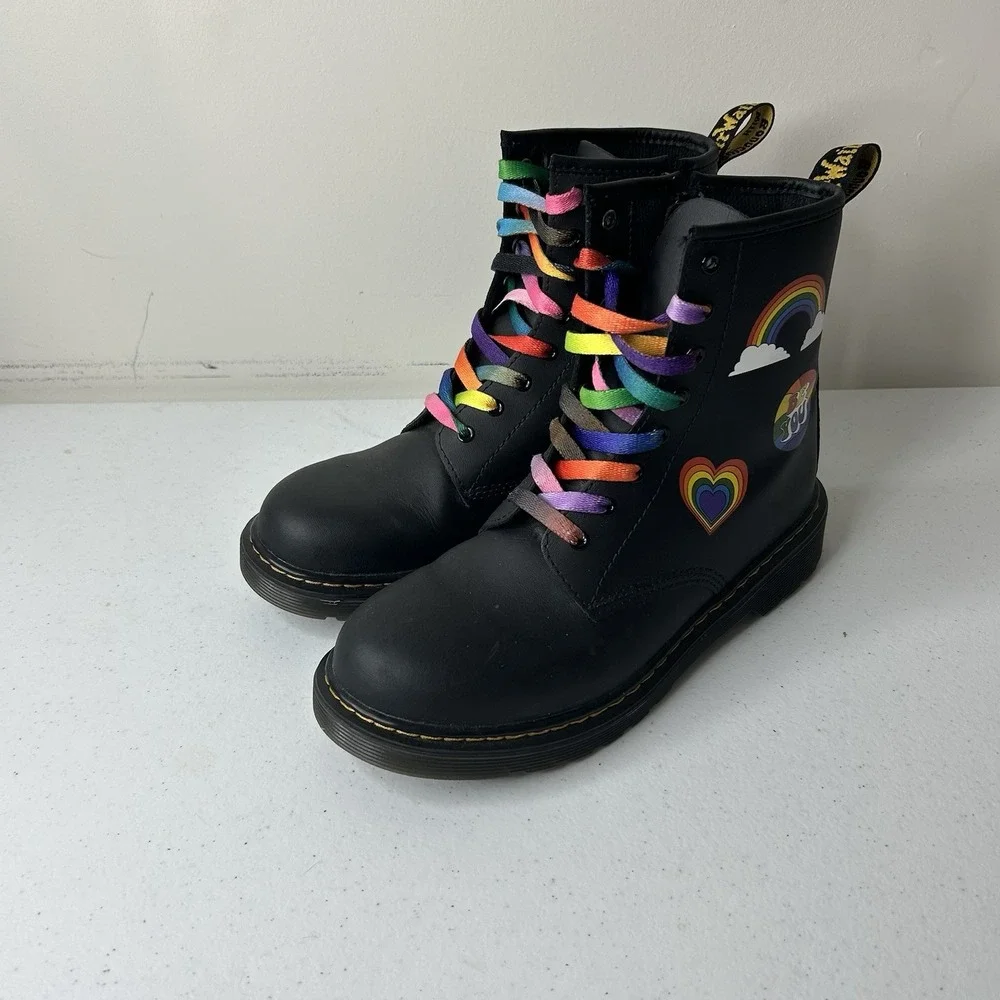 Doc Martens Girls 4.5 Boots 1460 For Pride Black Leather Rainbow Combat